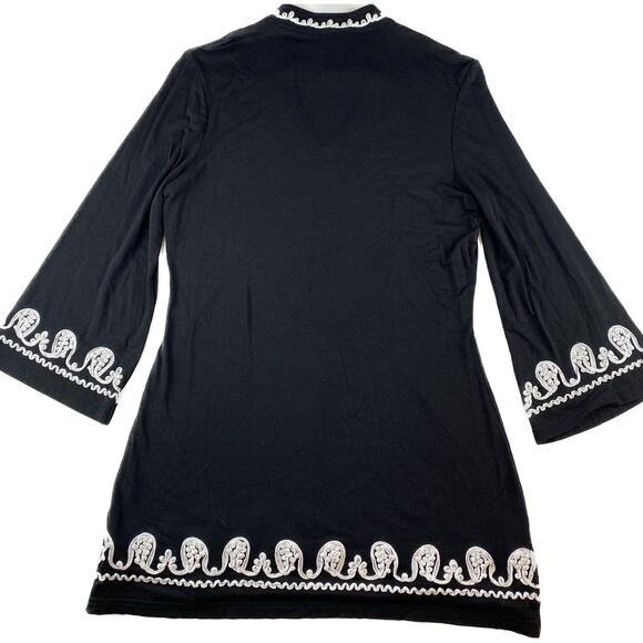 V Cristina Boho Long Bell Sleeve Embroidered Tunic Top Women M  Black White - Picture 2 of 7